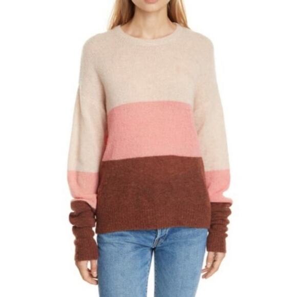 Joie Wool Colorblock Sweater Crew Neck Oversized Tan Brown Pink Fall Winter L - Picture 13 of 14